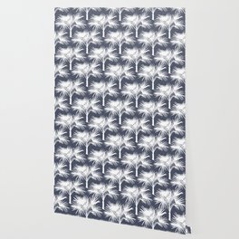 70’s Tropical Palm Trees White on Navy Wallpaper