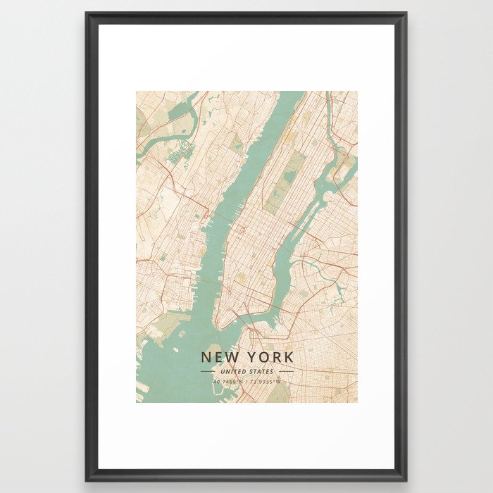New York, United States - Vintage Map Framed Art Print
