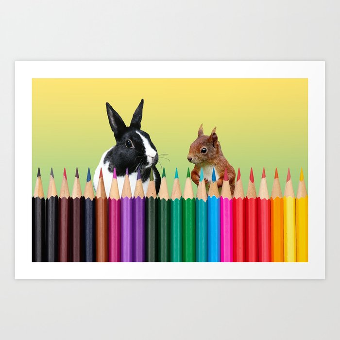 Colored Pencils - Squirrel & black and white Bunny - Rabbit Art Print
