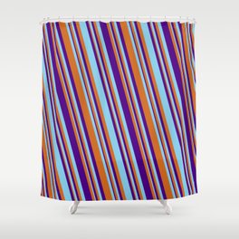 [ Thumbnail: Chocolate, Indigo & Sky Blue Colored Stripes Pattern Shower Curtain ]