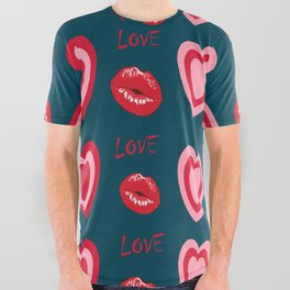 Hearts kiss love pattern blue All Over Graphic Tee