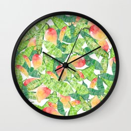 ManGo Wall Clock | Green, Abstract, Leafs, Red, Street Art, Leaf, Pattern, Illustration, Black And White, Vector 