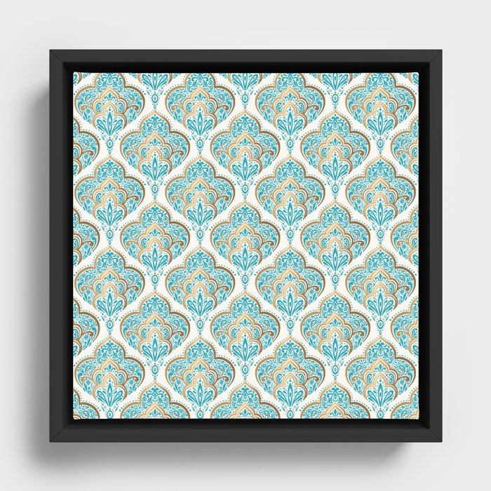 Turquoise Golden Moroccan Baroque Pattern Framed Canvas