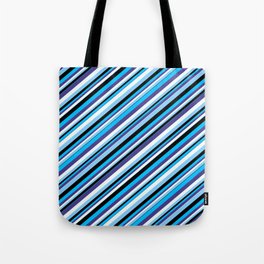 [ Thumbnail: Deep Sky Blue, Dark Slate Blue, Mint Cream, Light Sky Blue, and Black Colored Lines Pattern Tote Bag ]