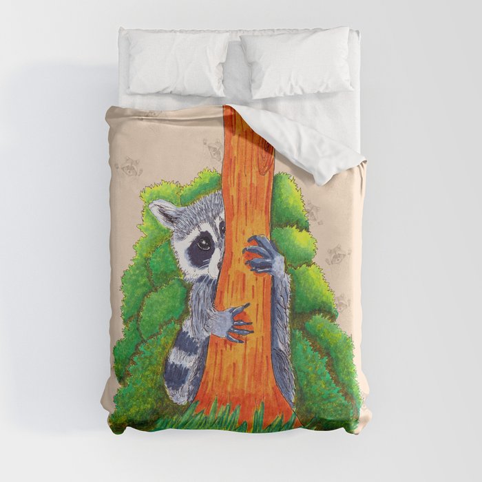 Peeking Raccoons #4 Beige Pallet- Duvet Cover