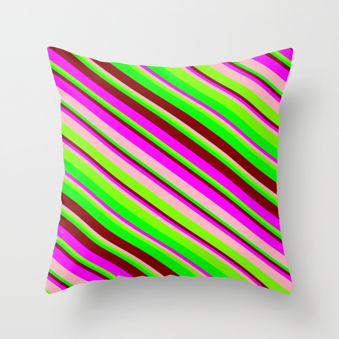 Vibrant Fuchsia, Light Pink, Green, Lime, and Maroon Colored Pattern of Stripes Throw Pillow