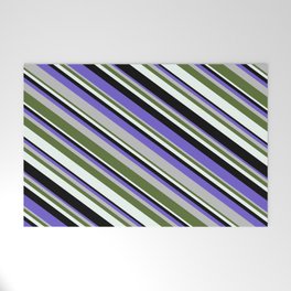 [ Thumbnail: Slate Blue, Grey, Dark Olive Green, Mint Cream, and Black Colored Stripes Pattern Welcome Mat ]