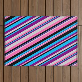 [ Thumbnail: Eyecatching Deep Sky Blue, Purple, Light Grey, Hot Pink, and Black Colored Lined Pattern Outdoor Rug ]