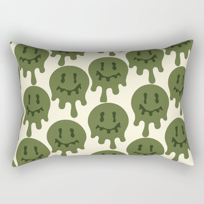 Melted Smiley Faces Trippy Seamless Pattern - Dark Green Rectangular Pillow