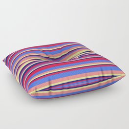 [ Thumbnail: Eye-catching Crimson, Royal Blue, Light Coral, Tan, and Midnight Blue Colored Striped/Lined Pattern Floor Pillow ]