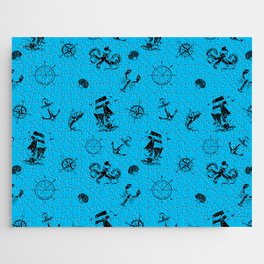 Turquoise And Black Silhouettes Of Vintage Nautical Pattern Jigsaw Puzzle