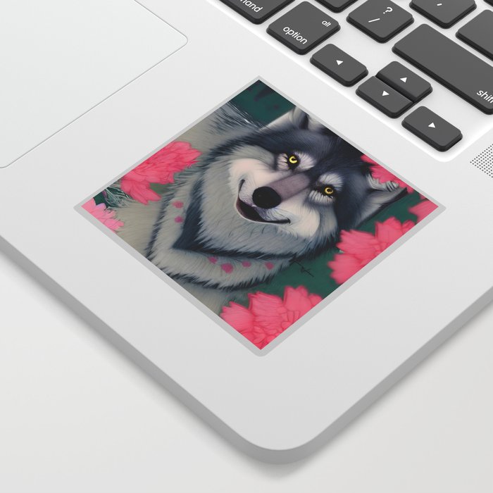 Wolf with Spring Flowers Sticker