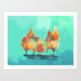 The Three Hens, Chicken Illustration Art Print