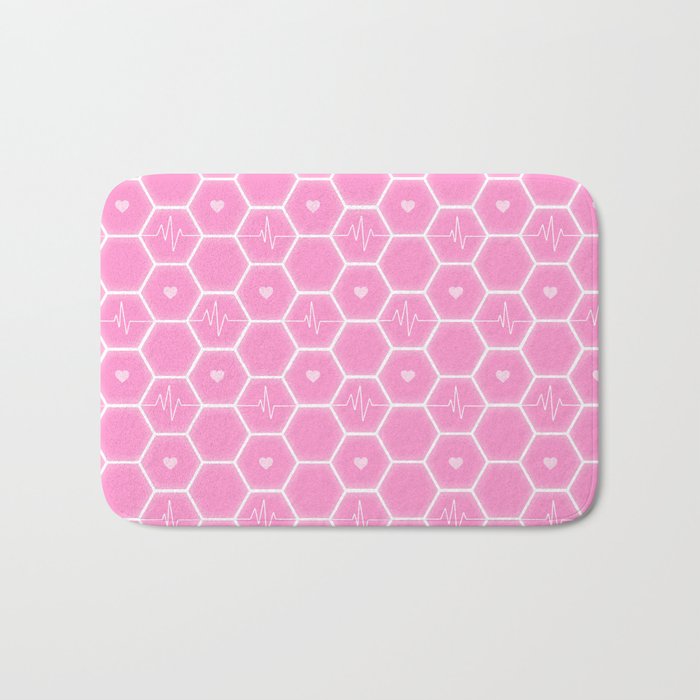 Love is everywhere at the Valentine's Day - Futuristic Heartbeat Hexagonal Tile Pattern & Pink Hearts 7  Bath Mat
