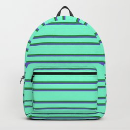 [ Thumbnail: Aquamarine, Forest Green, and Slate Blue Colored Lined Pattern Backpack ]