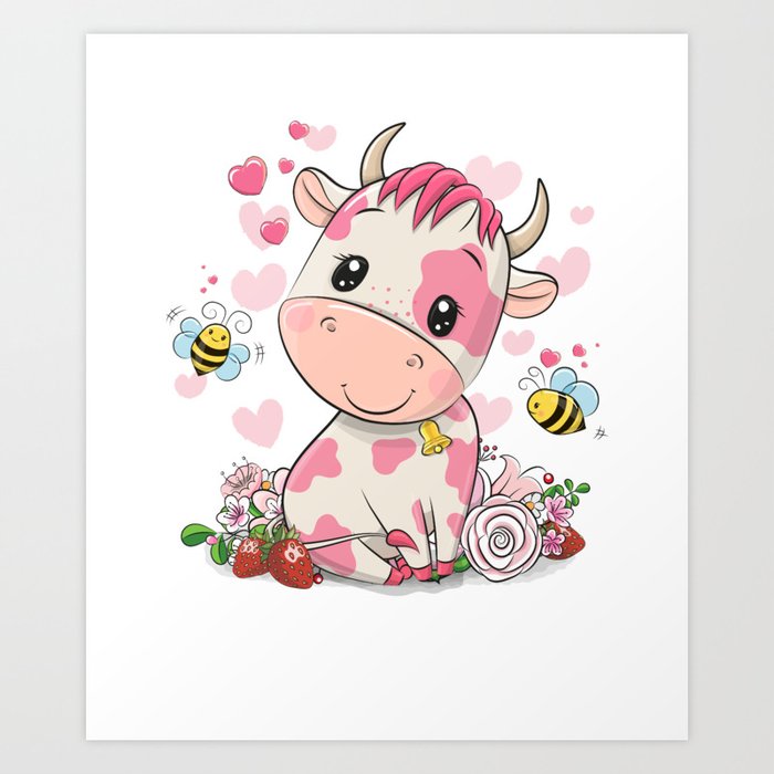 Strawberry Cow Cute Pink Cow Trend Kawaii Otaku Art Print