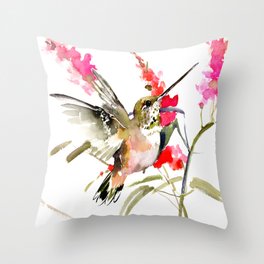 Hummingbird and Pink Flowers, sage green, olive green pink Throw Pillow