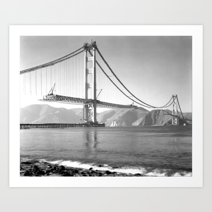 Construction of the Golden Gate Bridge, 1935, San Francisco Bay black and white photograph Art Print