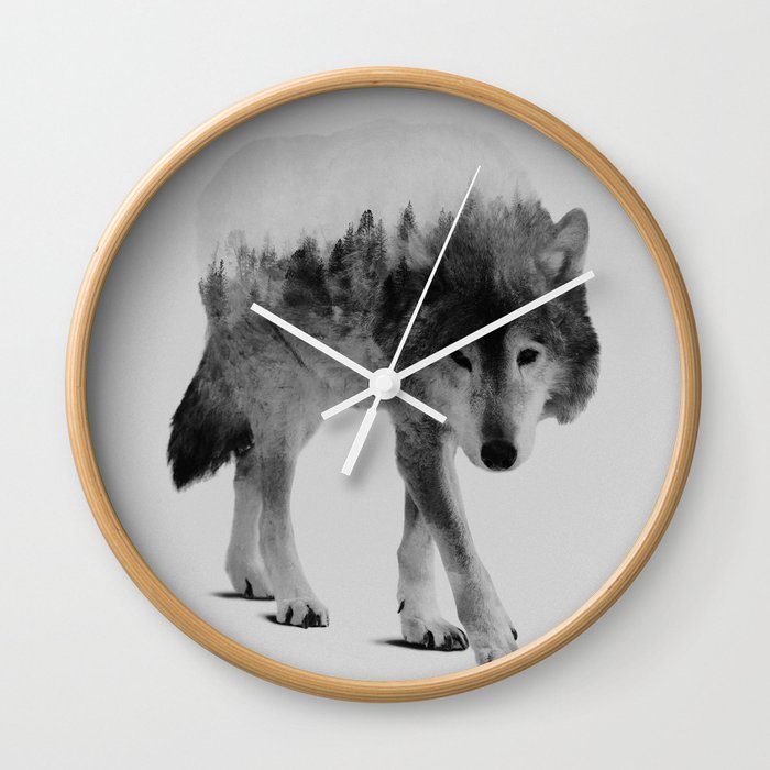 Wolf In The Woods (black & white version) Wall Clock