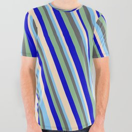 [ Thumbnail: Light Sky Blue, Dim Gray, Dark Sea Green, Blue & Bisque Colored Lined/Striped Pattern All Over Graphic Tee ]
