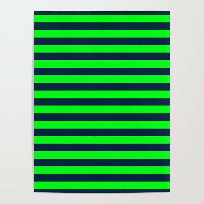 Neon Green & Navy Blue Horizontal Cabana Stripes Poster