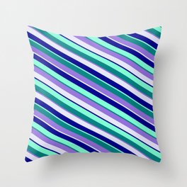 [ Thumbnail: Eye-catching Teal, Purple, Lavender, Dark Blue, and Aquamarine Colored Pattern of Stripes Throw Pillow ]