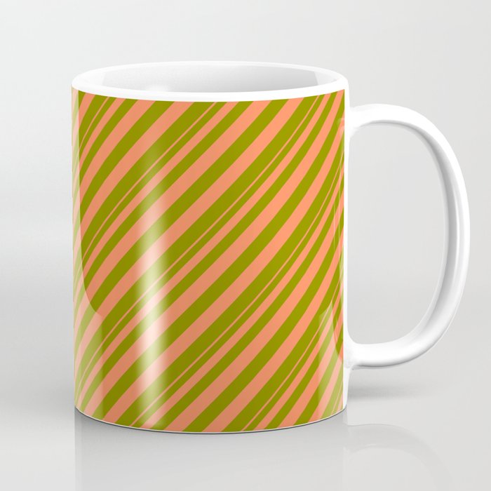 Coral & Green Colored Striped Pattern Coffee Mug