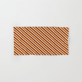 [ Thumbnail: Dark Red, Light Gray & Goldenrod Colored Stripes/Lines Pattern Hand & Bath Towel ]
