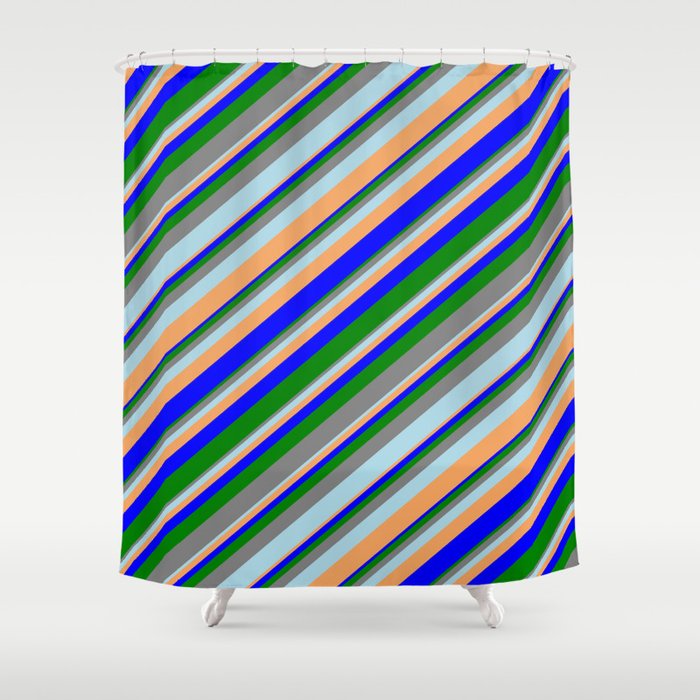 Colorful Blue, Green, Grey, Light Blue, and Brown Colored Stripes Pattern Shower Curtain