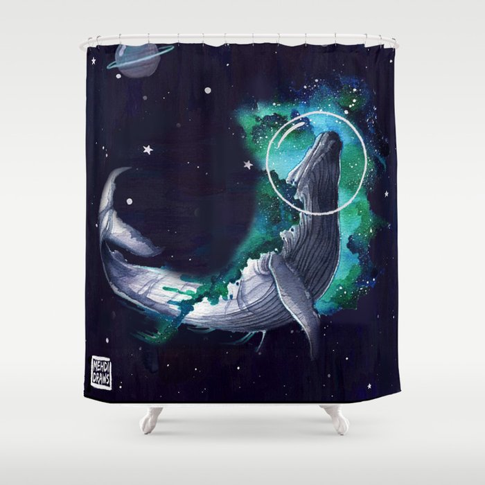 Blue Whale Swimming on The Space White Stars Shower Curtain