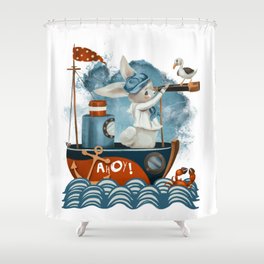 Ahoy! Sailor bunny on a boat looking for adventure. Shower Curtain