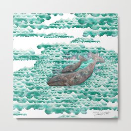 Mama + Baby Gray Whale in Ocean Clouds Metal Print