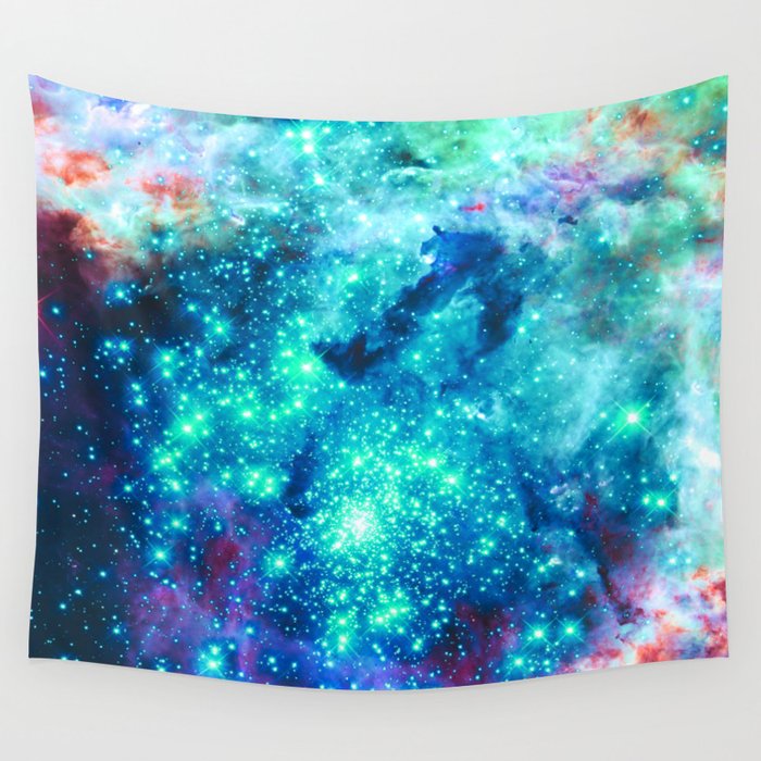 Galaxy Sparkle Stars Colorful Turquoise Teal Wall Tapestry