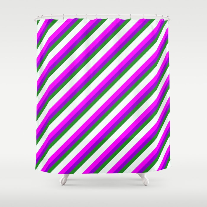 Eye-catching Fuchsia, Dark Violet, Forest Green, Mint Cream, and Light Grey Colored Stripes Pattern Shower Curtain