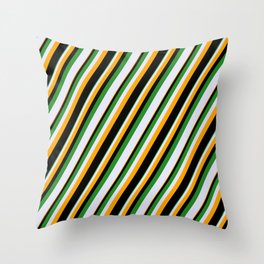 [ Thumbnail: Forest Green, Lavender, Orange & Black Colored Striped Pattern Throw Pillow ]