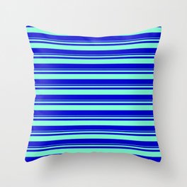 [ Thumbnail: Aquamarine and Blue Colored Striped Pattern Throw Pillow ]