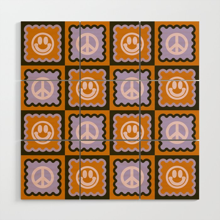 Funky Checkered Smileys and Peace Symbol Pattern (Dark Brown, Ginger Brown, Lilac, Muted Pink) Wood Wall Art