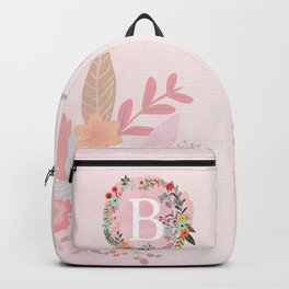 Flower Wreath with Personalized Monogram Initial Letter B on Pink Watercolor Paper Texture Artwork Backpack