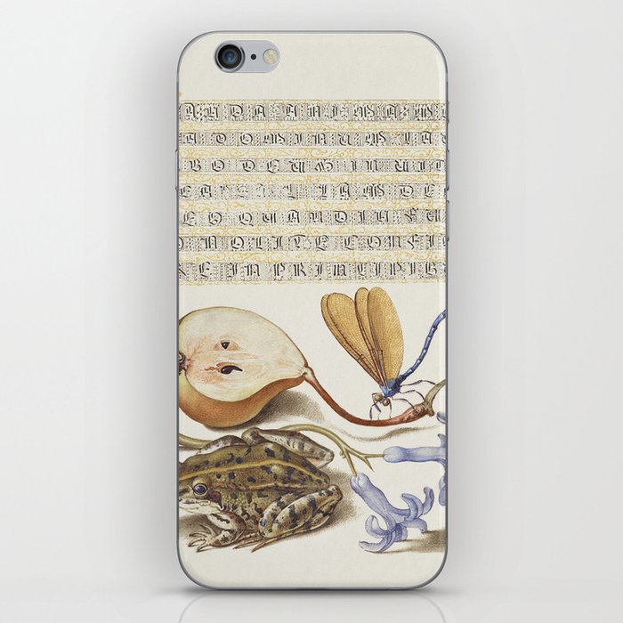 Vintage calligraphy with apple and dragonfly iPhone Skin