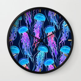 Luminescent Rainbow Jellyfish on Navy Blue Wall Clock