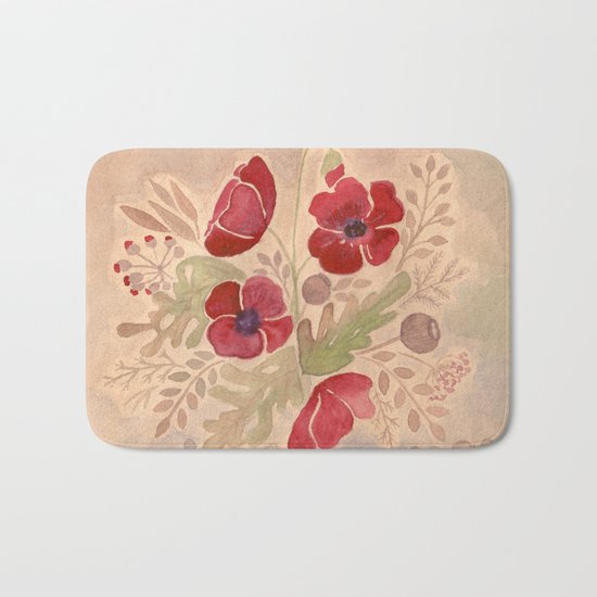 Watercolor poppies on old paper . Bath Mat