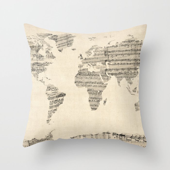 Old Sheet Music World Map Throw Pillow