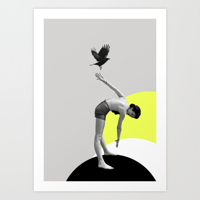 Woman and a Black Bird, Collage Art Art Print