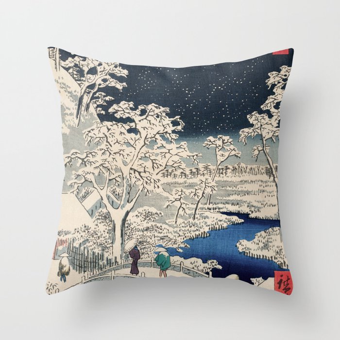 Drum Bridge in Snow Vintage Ukiyoe Japanese Art Throw Pillow by