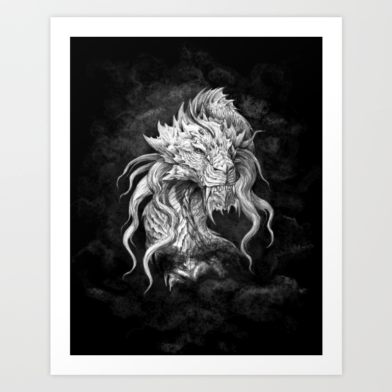 Dark Side Japanese Dragon Portrait On Black Background Graphit
