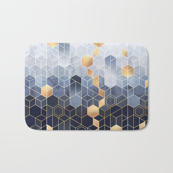 Geometric abstraction of hexagons on a blue relief background with gold elements. Fresco for interior wall mural. Vintage modern home décor. Bath Mat