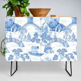 Vintage Chinese pagoda, boat, people, trees floral seamless pattern white background. Blue chinoiserie park wallpaper.  Credenza