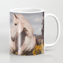White horse on flower field, Lusitano horses, beautiful stallion. Mug