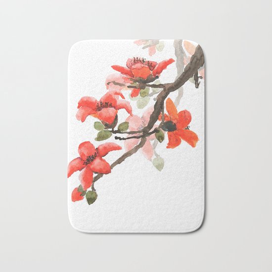 red orange kapok flowers watercolor Bath Mat