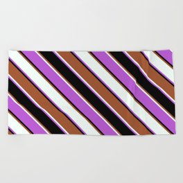 [ Thumbnail: Sienna, Mint Cream, Orchid & Black Colored Pattern of Stripes Beach Towel ]